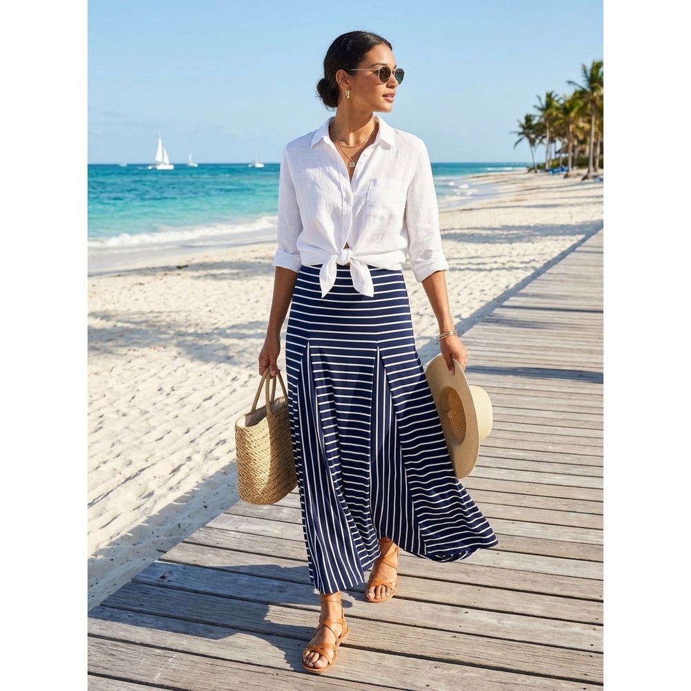 Lauren Ralph Lauren Navy White Striped Godet Maxi Skirt Large NWT Nautical Skirt